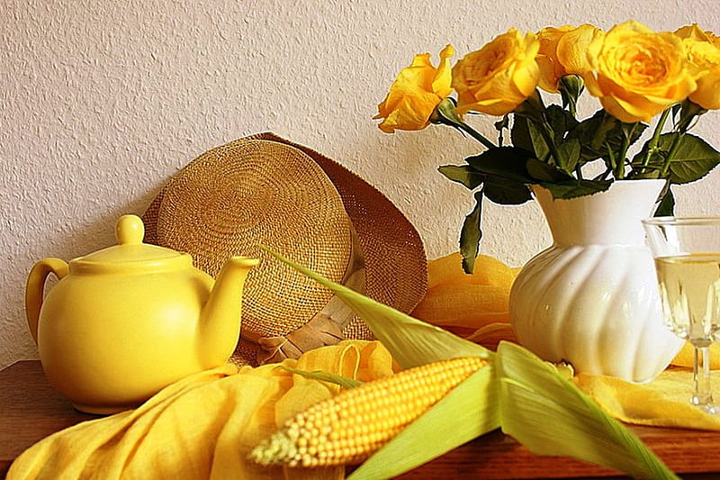 Fall and yellow roses, corn, autumn, yellow, vase, roses, hat, teapot, nature, white, HD wallpaper