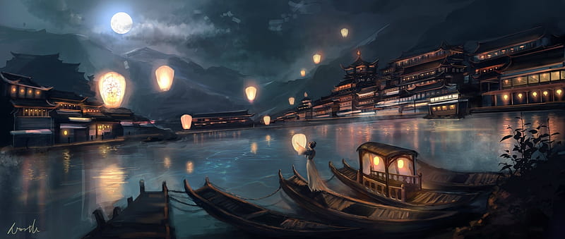 Lanterns, art, luminos, lantern, moon valley, sea, chang yang, boat, fantasy, water, girl, night, HD wallpaper