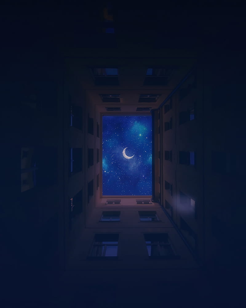 buildings, bottom view, moon, stars, sky, night, HD phone wallpaper