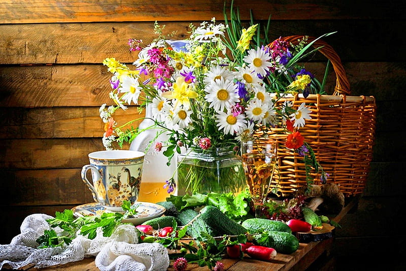 Cup of tea and flowers of summer, colorful, fresh, various, bonito, radishes, tea, daisies, still life, basket, wildflowers, summer, cup, flowers, garden, nature, porcelain, HD wallpaper