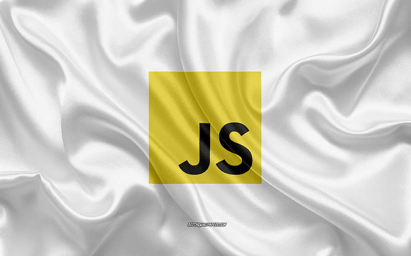 JavaScript logo, white silk texture, JavaScript emblem, programming language, JavaScript, silk background, HD wallpaper