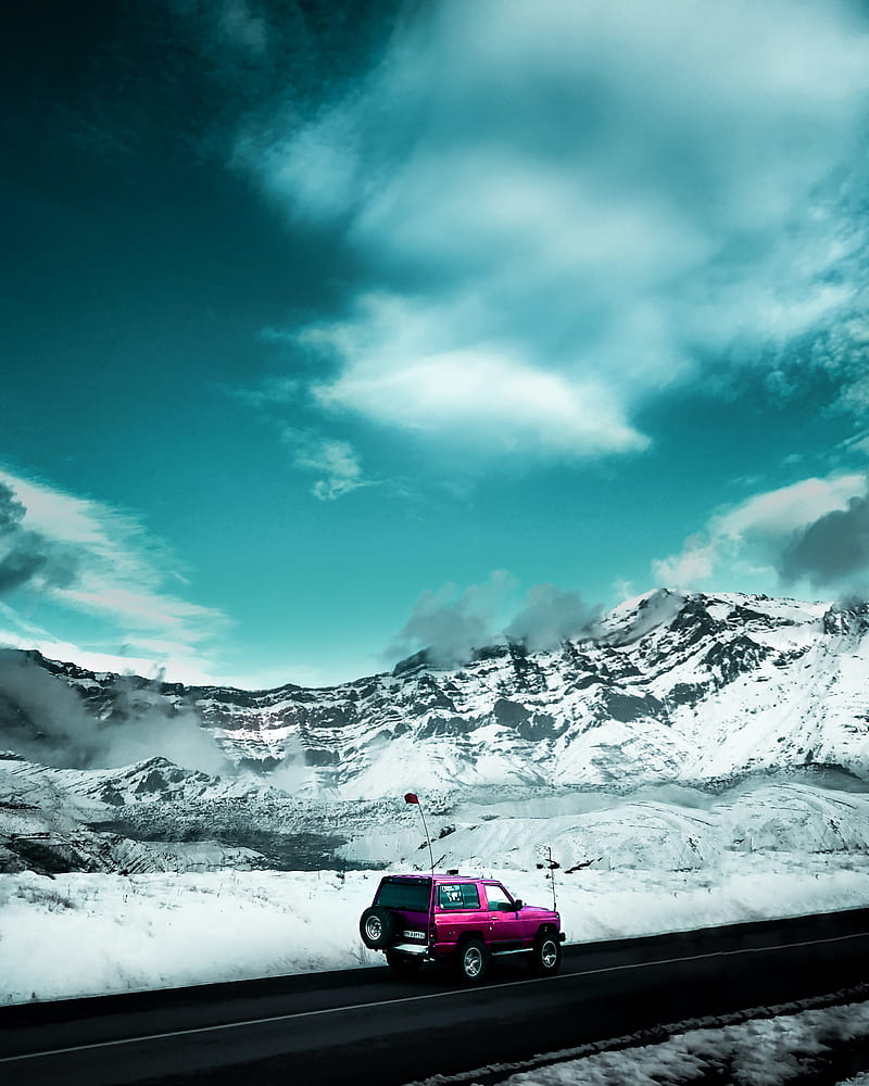 jeep, suv, side view, road, mountains, snow, HD phone wallpaper