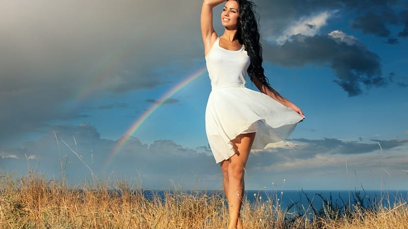 Which is very beautiful? Rainbow or Brunette, Rainbow, Pretty, armpit, bonito, White, Female, pretty girl, Model, Smile, clouds, Face, sea, hair, Beauti, Girl, Woman, Thigh, Sexy, Lovely, Attractive, Charming, lips, Lady, Brunette, HD wallpaper