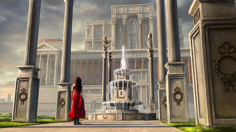 Royal Palace, royal, edward baron, fantasy, girl, white, palace, castle, red, fountain, water, HD wallpaper