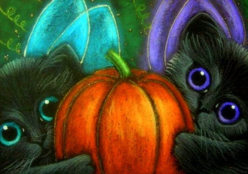 Pumpkin of Fairy Kittens, paintings, holiday, halloween, pumpkin, kittens, fairies, love four seasons, cats, HD wallpaper