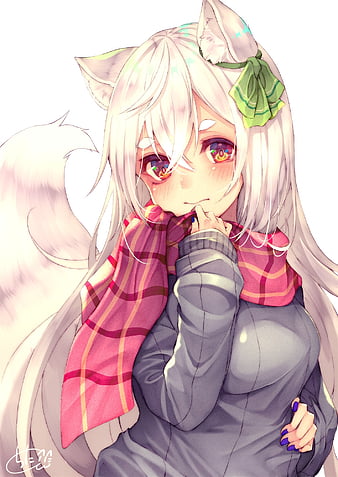 Anime fox girl, miko, cute, cherry blossom, smiling, tail, animal ears ...