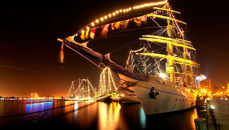 sail ships all lit up in dock, dock, sail ships, lights, harbor, night, HD wallpaper