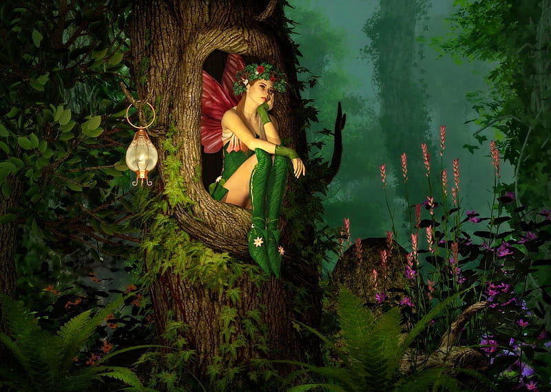 Forest fairy, forest, art, greenery, woods, bonito, magic, trees, fantasy, girl, dreamer, fairy, enchanted, HD wallpaper