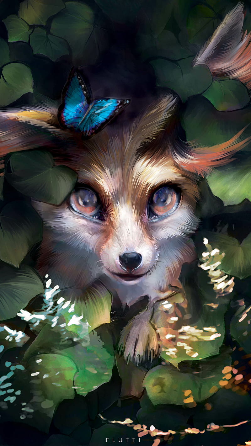 Cute Fox Art , leaves, butterfly, HD phone wallpaper