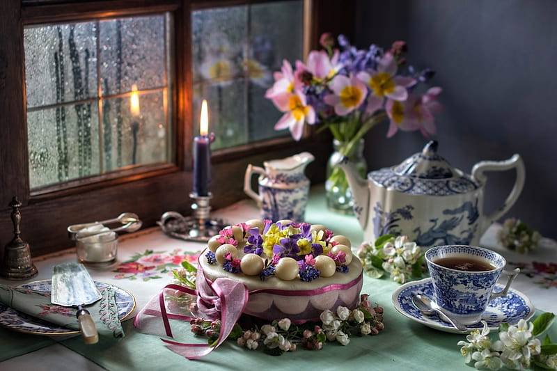 Still Life, Cake, Window, Tea, Bouquet, Candle, HD wallpaper