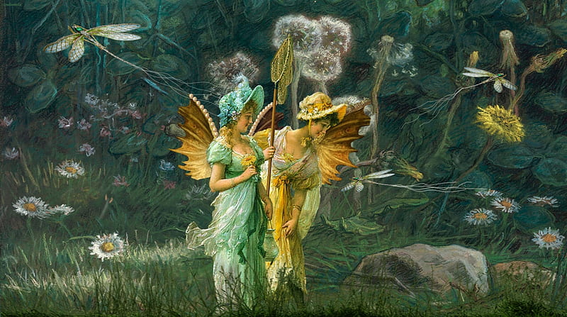 Turnabout is fairy play, wings, luminos, yellow, dandelion, fantasy, green, ra, insect, dragonfly, summer, flower, funny, couple, fairy, vikki truver, vara, frlower, art, HD wallpaper
