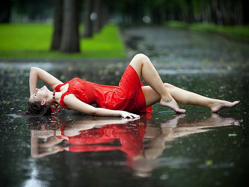 Summer rain, red, tree, wet, dress, girl, afterrain, lawn, road, HD wallpaper