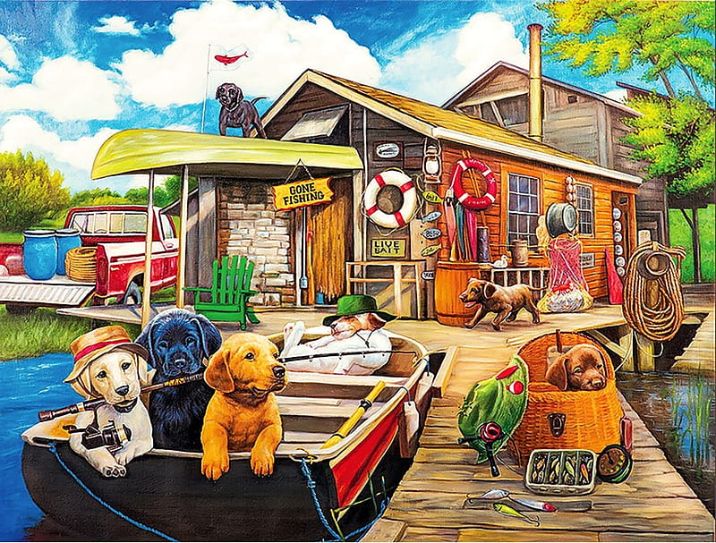 Fishing Trip, puppies, pier, painting, cabin, artwork, dogs, HD wallpaper