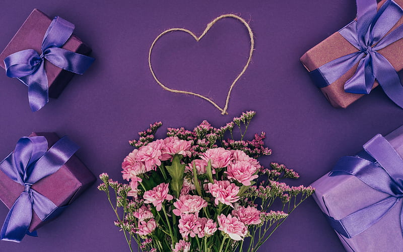 romantic gifts, bouquet of pink flowers, heart, purple silk bows, gifts boxes, HD wallpaper