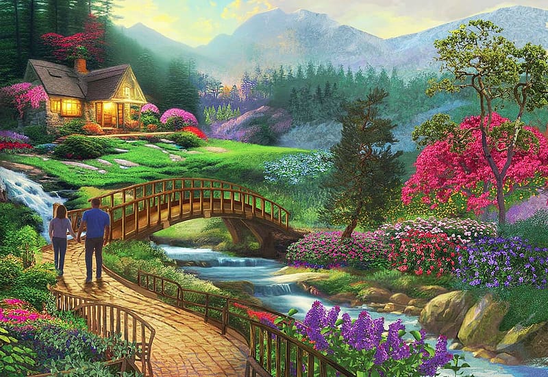 Heading Home, river, painting, house, path, pair, trees, flowers, mountains, bridge, HD wallpaper
