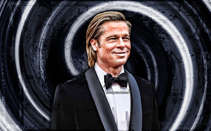 Brad Pitt, gray grunge background, american actor, music stars, vortex, William Bradley Pitt, creative, Brad Pitt, HD wallpaper