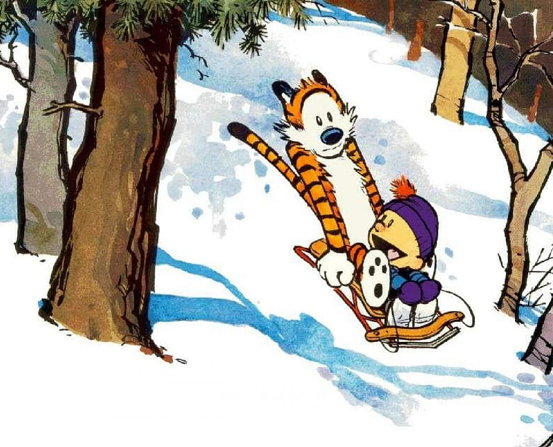 Calvin And Hobbes Sledding, sledding, snow, cartoon, trees, winter, HD wallpaper