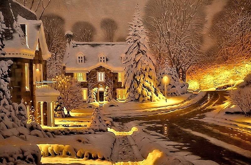 Winter Night, Painting, Snow, Night, Winter, HD wallpaper