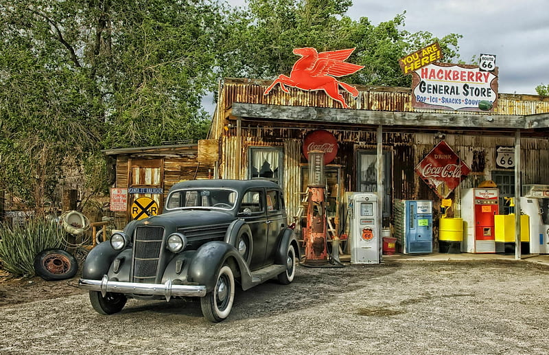 Genera Store & Gas Station on Route 66, car, store, oldie, horse, winged, gas, pump, HD wallpaper