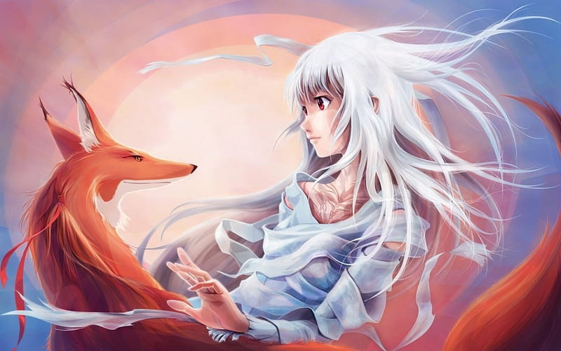 anime girl with fox, red, fox, girl, anime, HD wallpaper