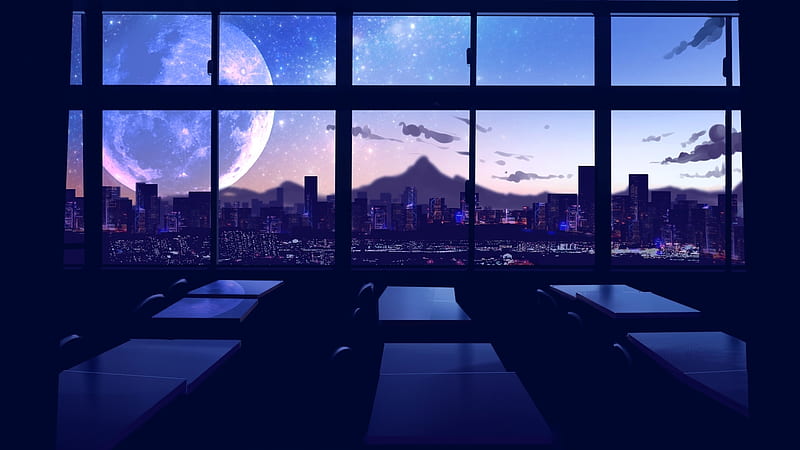 Anime Scenery, art, classroom, japanese, japan, fantasy, moon, city, anime, orginal, scenery, night, HD wallpaper