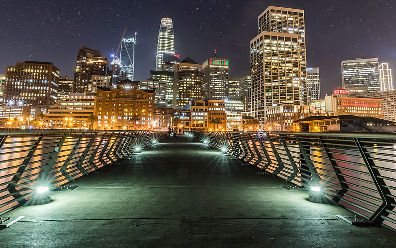 San Francisco nightscapes, modern buildings, bridge, USA, America, HD wallpaper