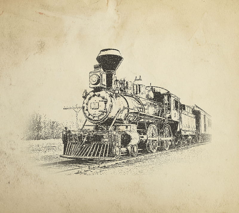 old time train, drawing, saguaro, vintage, HD wallpaper