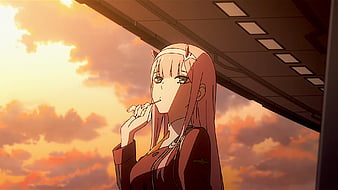 Darling In The FranXX Pink Hair Zero Two Having Fish On Mouth With  Background Of Blue Sky And Clouds HD Anime Wallpapers, HD Wallpapers