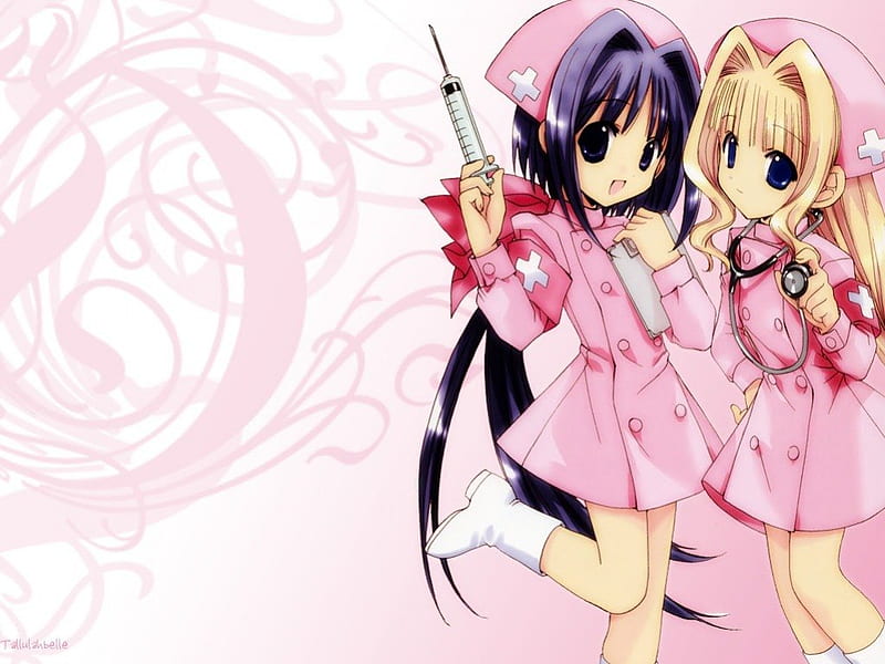 Two Little Nurses, cute, nurse, anime, girls, pink, HD wallpaper