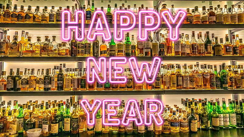 Happy New Year, neon light, booze, holiday, HD wallpaper