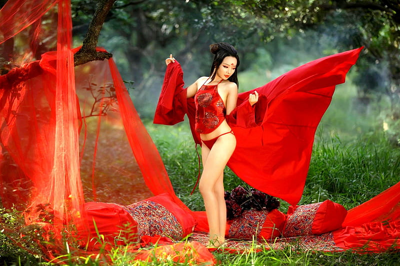 ASIAN BEAUTY, red, beauty, Chinese, sexy, sian, HD wallpaper
