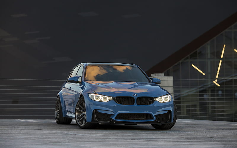 BMW M3, 2018, F80, blue sedan, black wheels, front view, new blue M3, BMW, HD wallpaper