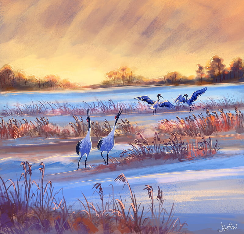 Cranes, maria pechenkina, pasari, sunset, blue, iarna, art, luminos, orange, crane, fantasy, bird, HD wallpaper
