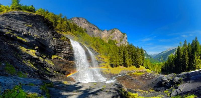 Waterfall panorama, rocks, fall, lovely, view, falling, greenery, bonito, rainbow, trees, sky, panorama, mountain, cliffs, nature, landscape, HD wallpaper