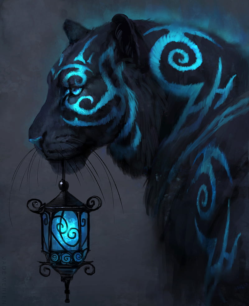 Lantern-JadeMerien, tiger, blue, lantern, tattoo, surreal, painting, HD phone wallpaper
