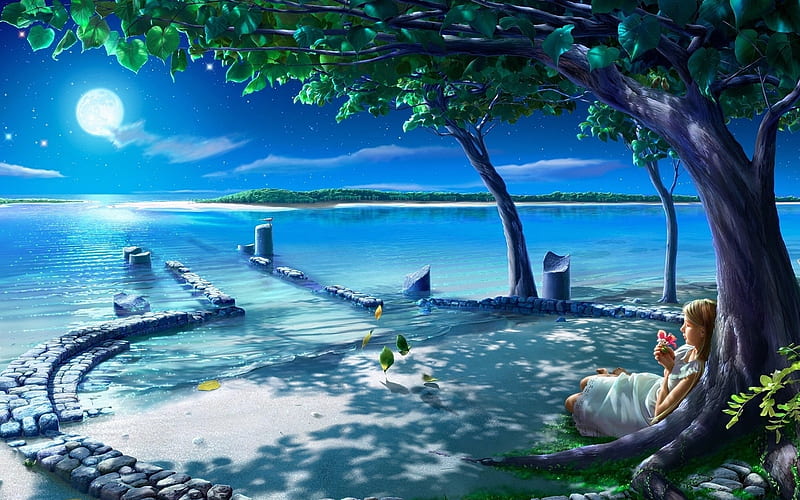 Girl on the fantasy Island, Art, Tree, Flowers, The Moon, Night, HD wallpaper
