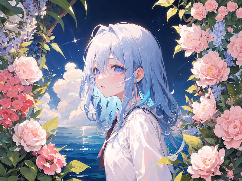 Girl, sea, flowers, anime, HD wallpaper | Peakpx
