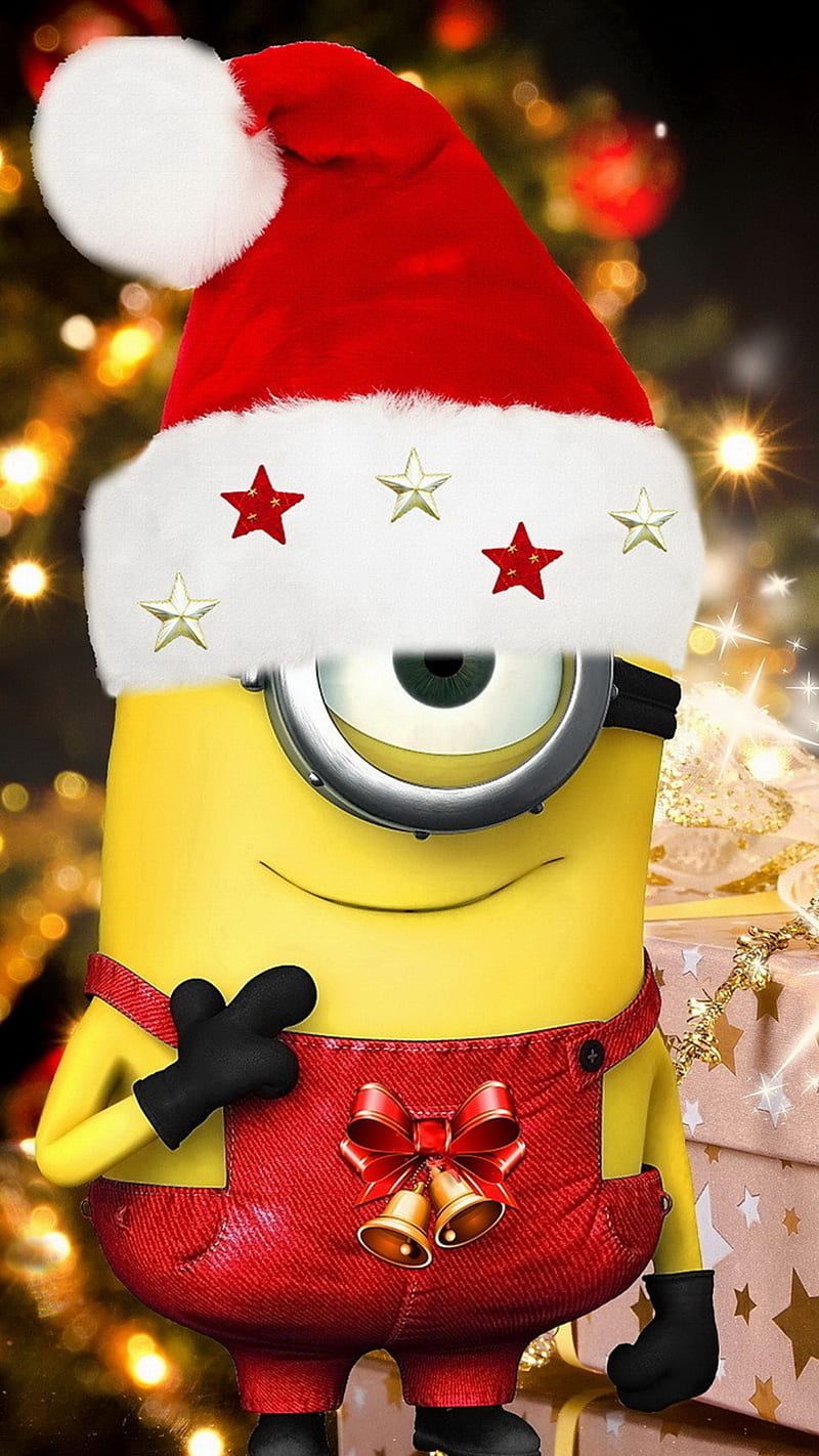 me, holiday, minion, santa, one eye, hat, christmas, yellow, animation, red, bells, HD phone wallpaper