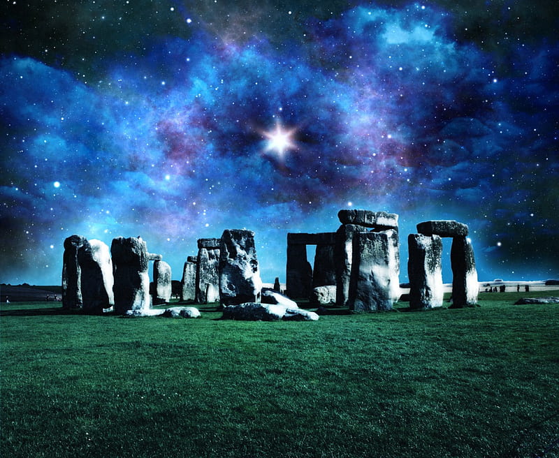Stonehenge, stars, above, sky, night, HD wallpaper