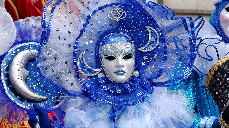 Venice Carnival, carnival, moon, model, girl, venice, mask, white, blue, HD wallpaper