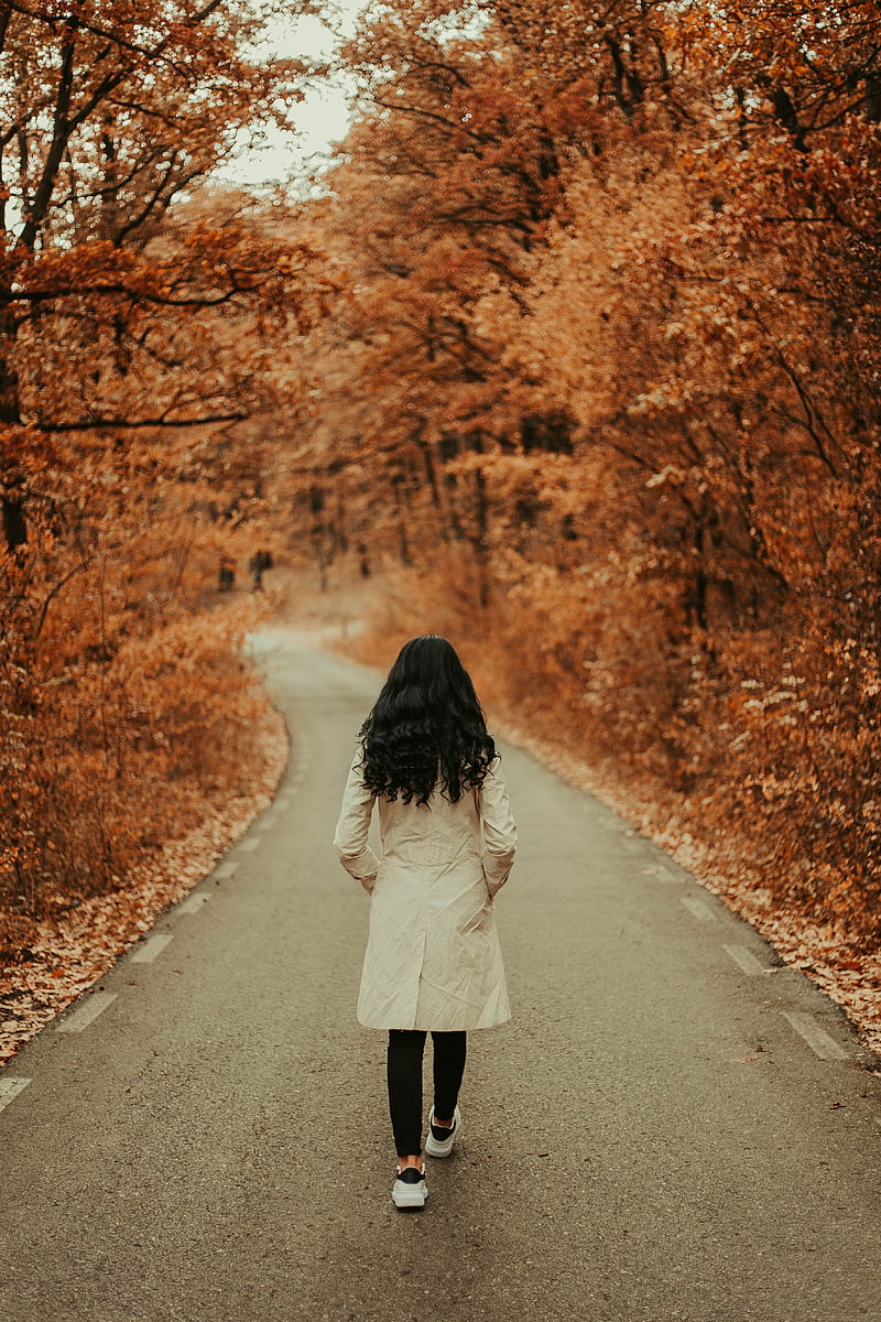 girl, walk, path, trees, autumn, HD phone wallpaper