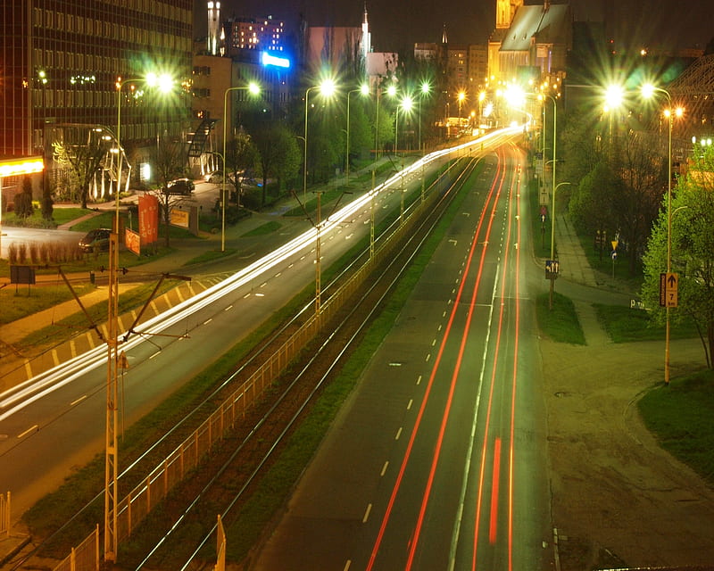Szczecin by night, szczecin, street, night, trafic, HD wallpaper