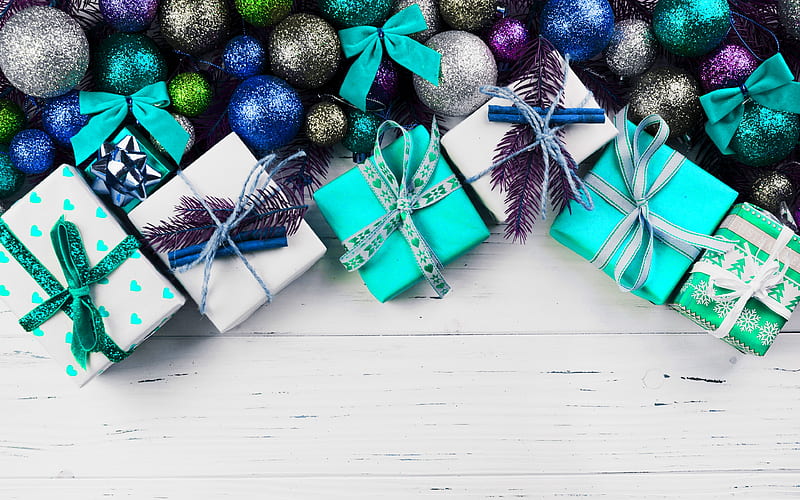Christmas decoration, colorful balls, Happy New year, gift boxes, wooden background, xmas decoration, Christmas, gifts, HD wallpaper