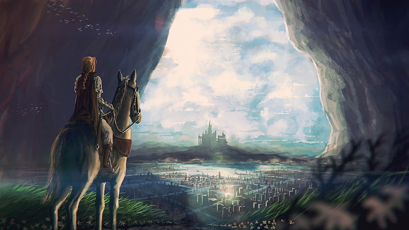 Fantastic world Horses traveler adventure castle city horse girl redhead ., HD wallpaper