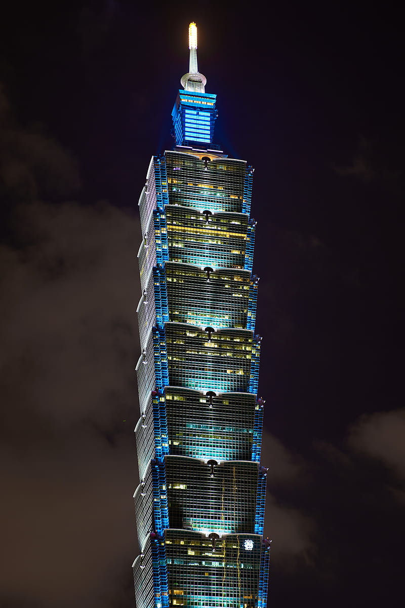 tower, skyscraper, architecture, night city, city lights, taipei, china, HD phone wallpaper