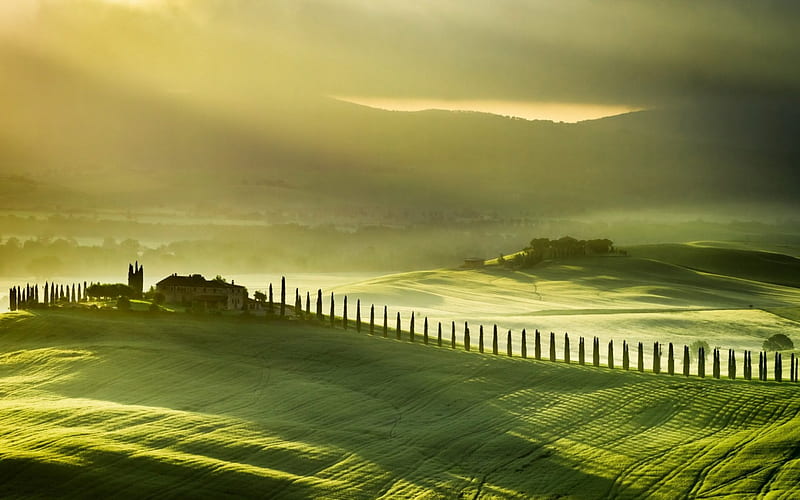 Early Morning in Tuscany, house, sun, high definition, sunset, beautiful day, nice, heaven, sunrise, morning, italy, tuscany, dawn, beautiful place, trees, cool, paradise, mountains, cypress, awesome, sunshine, rain, landscape, scenic, sunny, cypresses, bonito, europe, graphy, sun rays, fields, scenery, amazing, place, arm, day, meadow, scene, HD wallpaper