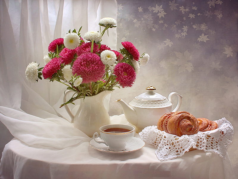 Still life with asters, Table, Cup, Kettle, Tea, Flowers, HD wallpaper