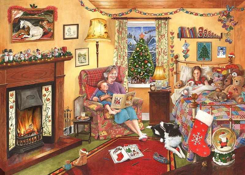 A story for Christmas, art, craciun, christmas, caine, children, mother, border collie, granny, painting, story, keit stapleton, pictura, dog, HD wallpaper