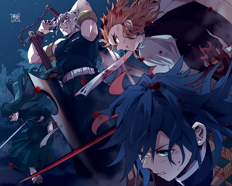 Anime, Demon Slayer: Kimetsu no Yaiba, Kyojuro Rengoku , Muichiro Tokito , Kokushibo (Demon Slayer) , Tengen Uzui, HD wallpaper