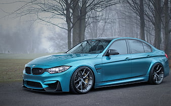 BMW M3, F80, blue sedan, tuning M3, gray wheels, new blue M3, German cars, BMW, HD wallpaper